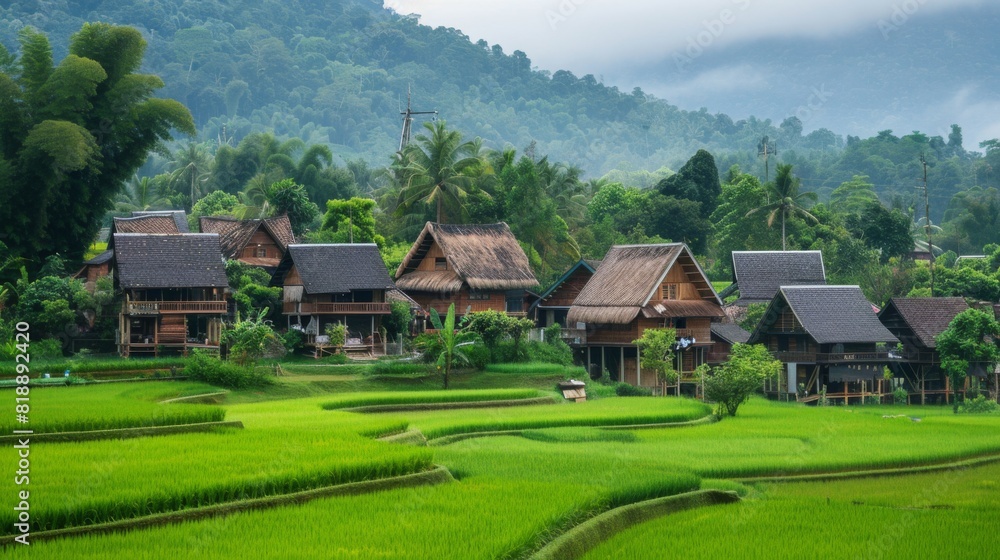 Traditional wooden houses nestled amidst lush green rice fields in a rural village Traditional wooden houses nestled amidst lush green rice fields in a rural village