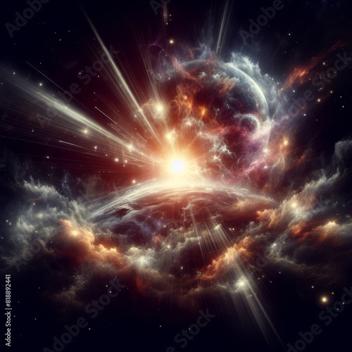 A digital depiction of a supernova explosion with swirling cosmic dust and radiant light beams in outer space.. AI Generation © Anastasiia