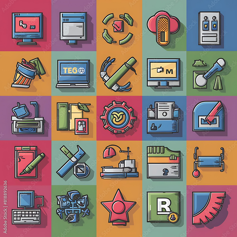 Computer Clipart A colorful and fun set of computer clipart icons representing various tech elements like software, hardware, or internet symbols, Generative Ai. Computer Clipart A colorful and fun set of computer clipart icons representing various tech elements like software, hardware, or internet symbols, Generative Ai.