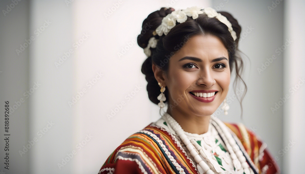 portrait of a Mexican woman in traditional dress with a sincere smile