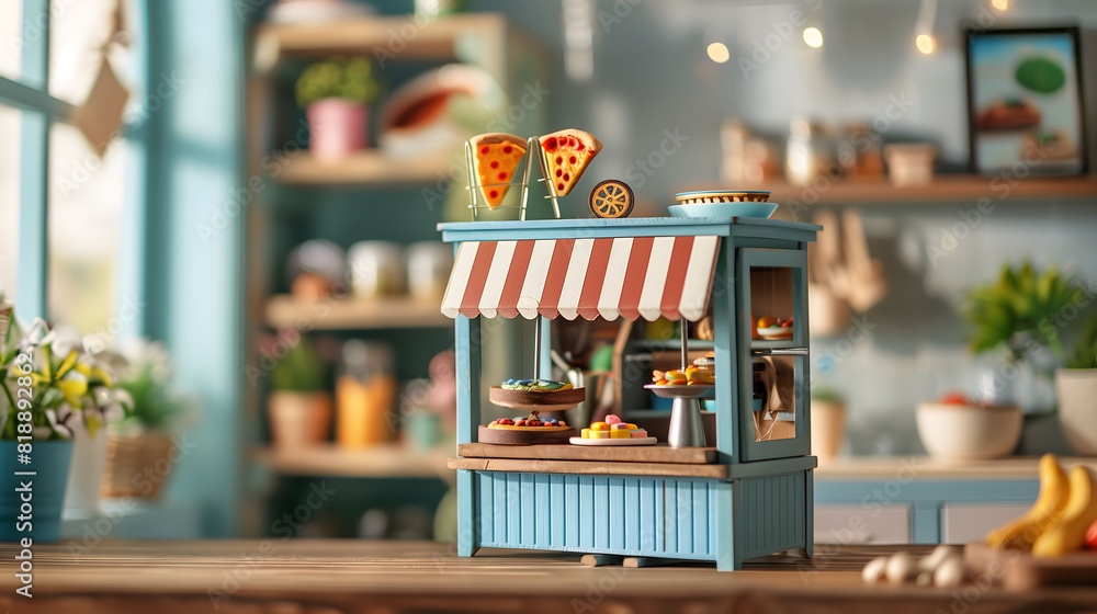 Wooden Pizza Stall Miniature Featuring Synthetic Pizza Slices Imitation on Top of Roof