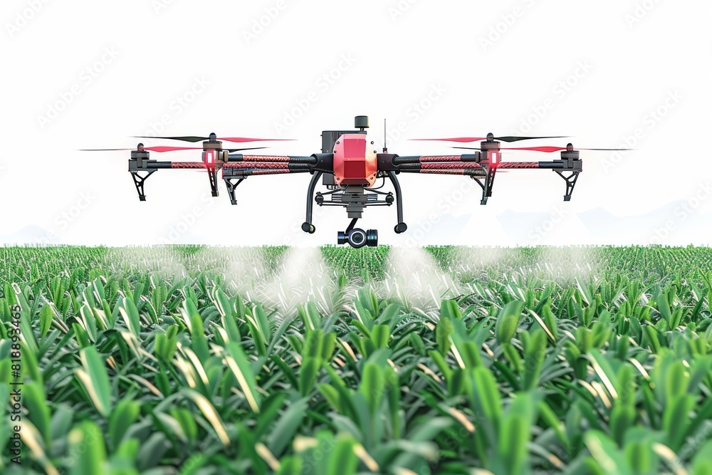 Isometric view with drone technology for plant health and advanced crop management in agricultural fields with efficient design.