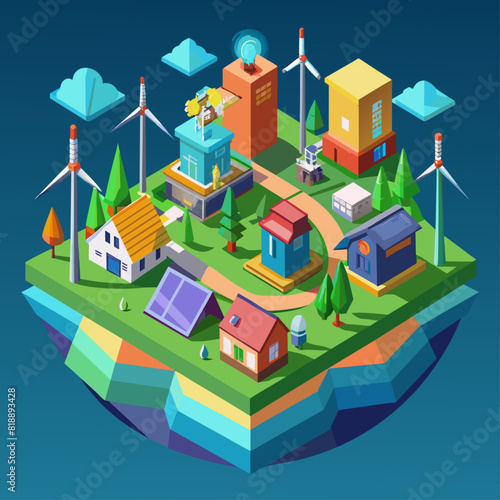 Renewable energy microgrids in communities. Localized power generation and distribution. Community empowerment. Low poly vector illustration with 3D effect on sustainable living background.1