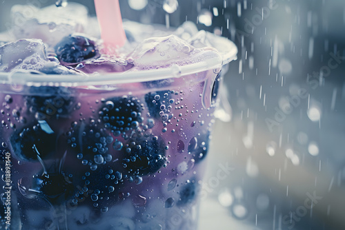 Close-up of a refreshing blueberry bubble tea with ice and bubbles