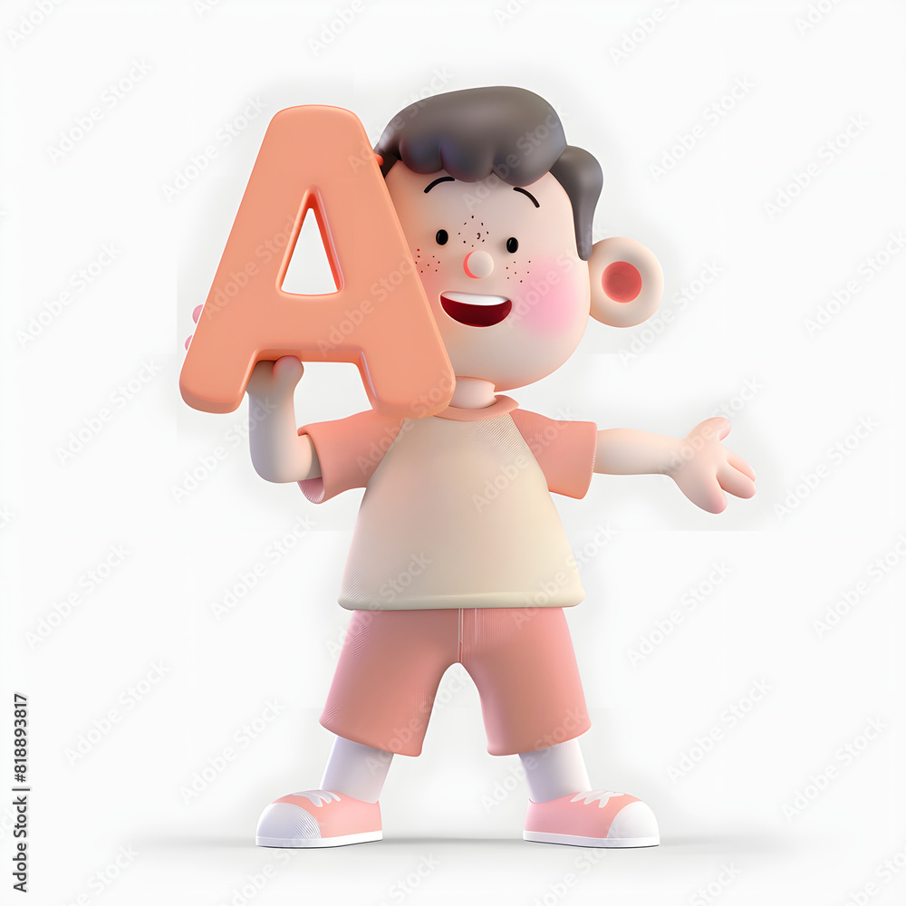 알파벳을 들고 있는 3d 애니메이션 캐릭터