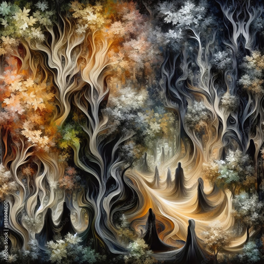 Obraz premium Abstract Forest: A Mystical Blend of Nature and Fantasy in Monochrome Digital Art Painting