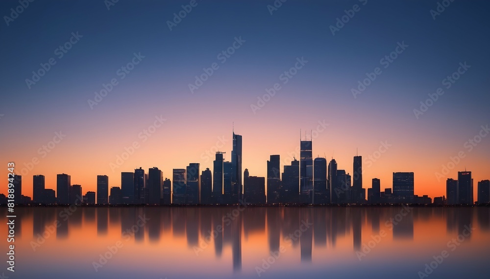 A city skyline at dusk with skyscrapers reflectin