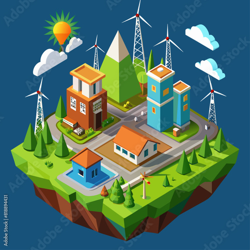 Renewable energy microgrids in communities. Localized power generation and distribution. Community empowerment. Low poly vector illustration with 3D effect on sustainable living background.