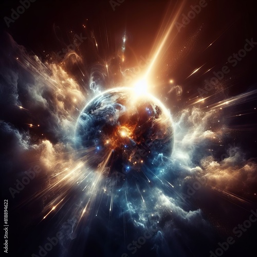 A cosmic explosion depicting the dramatic formation of a planet, embodying the powerful forces of creation in the universe.. AI Generation photo