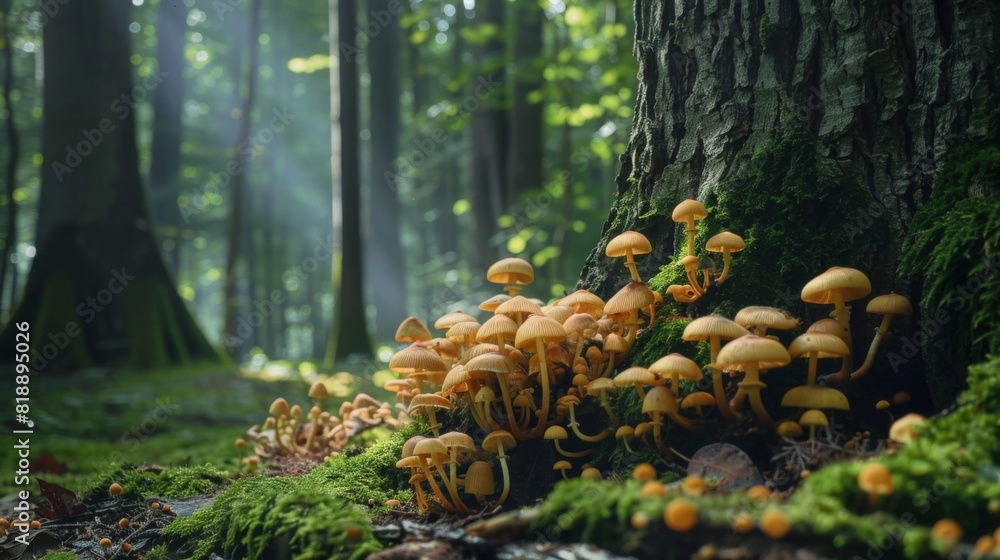 Wild mushrooms flourishing on the forest floor near the base of a majestic tree Wild mushrooms flourishing on the forest floor near the base of a majestic tree