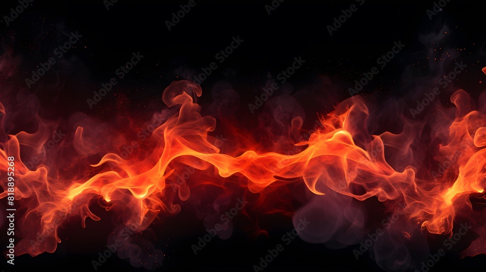 Fire flames texture on black background. Generative AI.