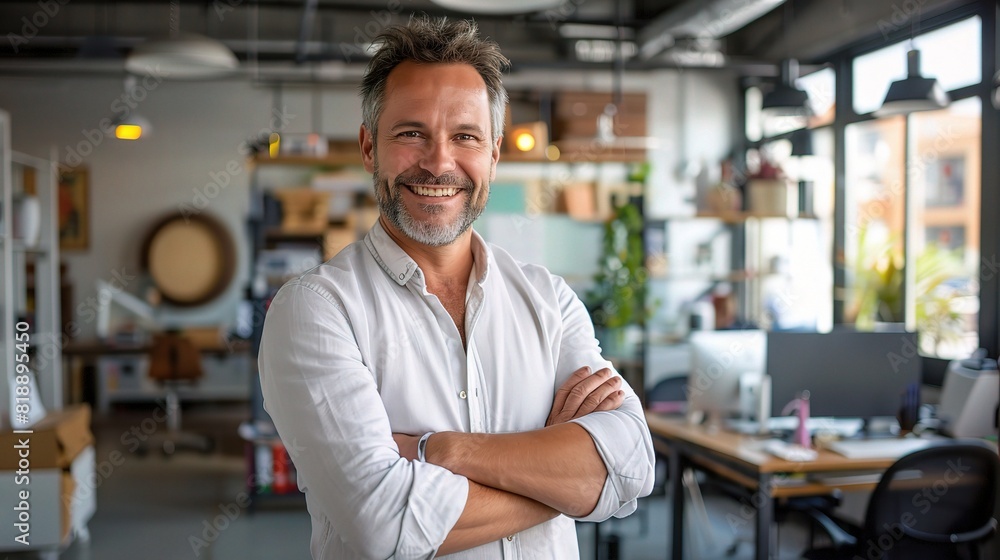 businessman grinning with satisfaction amidst the contemporary setting of a startup company's corporate office. businessman grinning with satisfaction amidst the contemporary setting of a startup company's corporate office.