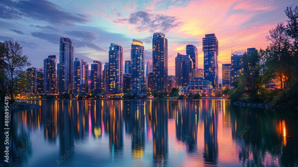 Fototapeta premium Cityscape at Dusk: Create a stunning cityscape at dusk with skyscrapers lighting up against a twilight sky. Capture the hustle and bustle of city life with cars, pedestrians, and neon signs. The build