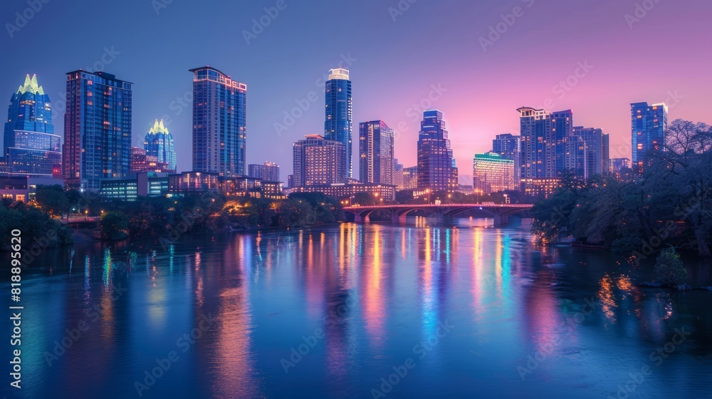 Obraz premium Cityscape at Dusk: Create a stunning cityscape at dusk with skyscrapers lighting up against a twilight sky. Capture the hustle and bustle of city life with cars, pedestrians, and neon signs. The build