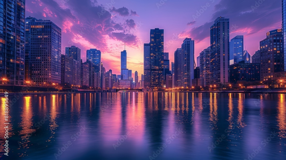 Fototapeta premium Cityscape at Dusk: Create a stunning cityscape at dusk with skyscrapers lighting up against a twilight sky. Capture the hustle and bustle of city life with cars, pedestrians, and neon signs. The build