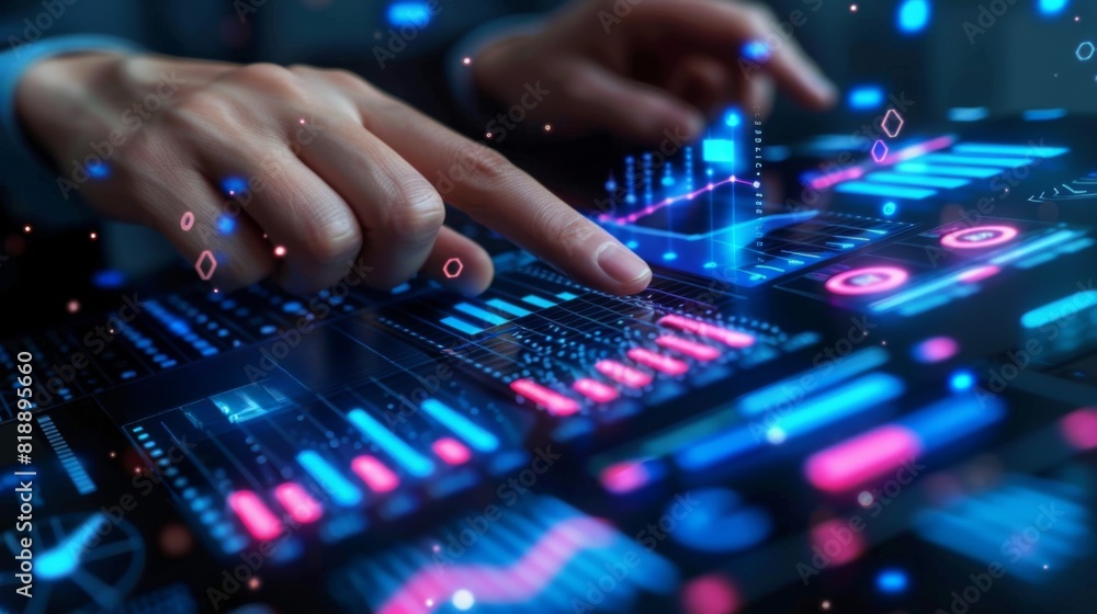 Strategic Analysis Create an image of a businessman examining financial graphs and charts on a digital screen, his finger tracing Strategic Analysis Create an image of a businessman examining financial graphs and charts on a digital screen, his finger tracing