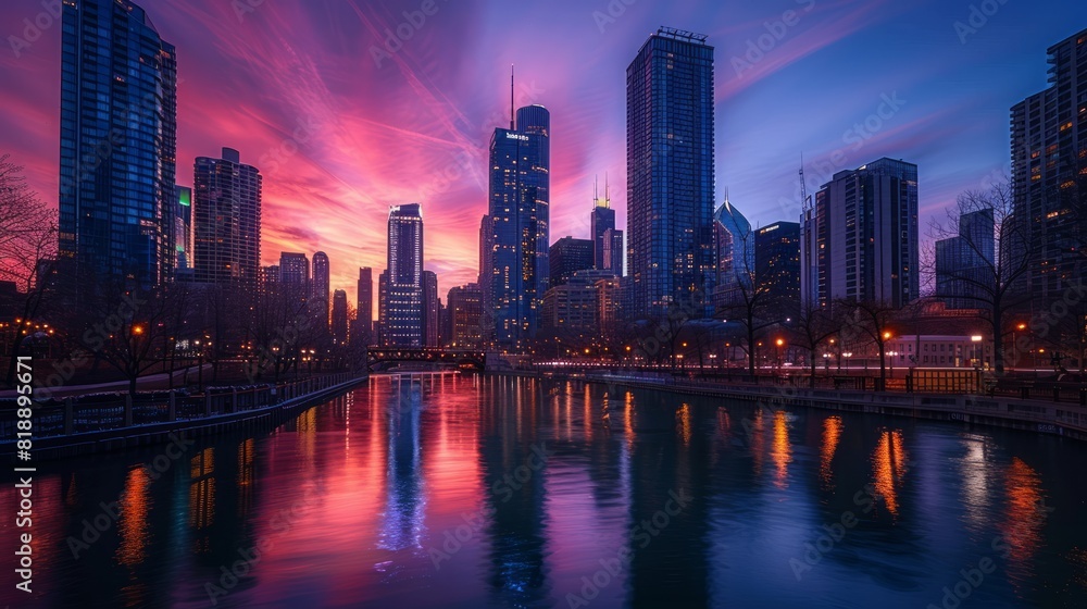 Fototapeta premium Cityscape at Dusk: Create a stunning cityscape at dusk with skyscrapers lighting up against a twilight sky. Capture the hustle and bustle of city life with cars, pedestrians, and neon signs. The build