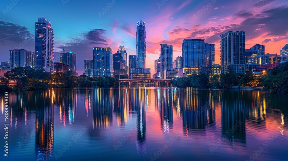 Naklejka premium Cityscape at Dusk: Create a stunning cityscape at dusk with skyscrapers lighting up against a twilight sky. Capture the hustle and bustle of city life with cars, pedestrians, and neon signs. The build