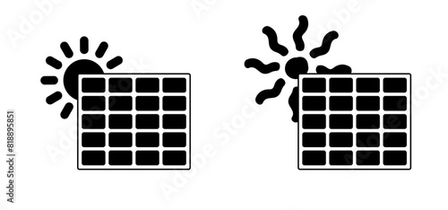 Milieu, solar panels, plug and play. Environmentally friendly, sun energy. Solar panel that generate electricity. Solar logo. Battery panel concept. Solar cells icon. Home or house concept.