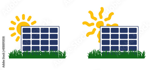 Milieu, solar panels, plug and play. Environmentally friendly, sun energy. Solar panel that generate electricity. Solar logo. Battery panel concept. Solar cells icon. Home or house concept.