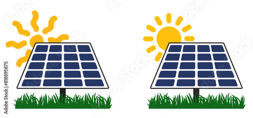 Milieu, solar panels, plug and play. Environmentally friendly, sun energy. Solar panel that generate electricity. Solar logo. Battery panel concept. Solar cells icon. Home or house concept.