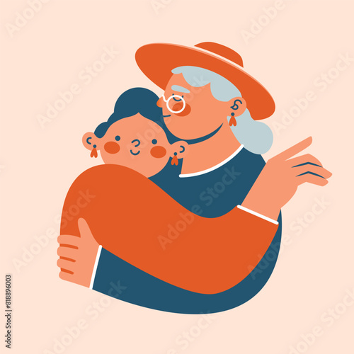 Grandmother hugs her granddaughter. Family Day. Cute senior woman in hat and eyeglasses with young girl. Cartoon cute clip art. Family relationship concept. For card, banner, poster, sticker.