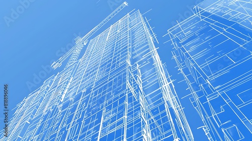 A blueprint-style drawing of a skyscraper  highlighting strategic planning and construction.