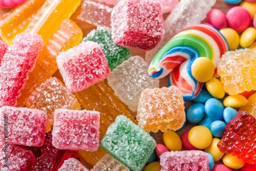 Many different colored candies and candy candies, food background 