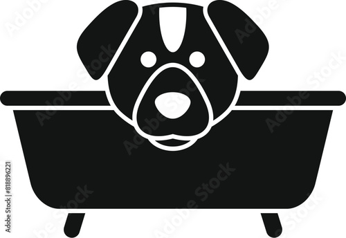 Black and white vector illustration of a dog bath icon for pet care and grooming services, featuring a simple graphic design with a minimalist silhouette of a clean canine washing in a bathtub