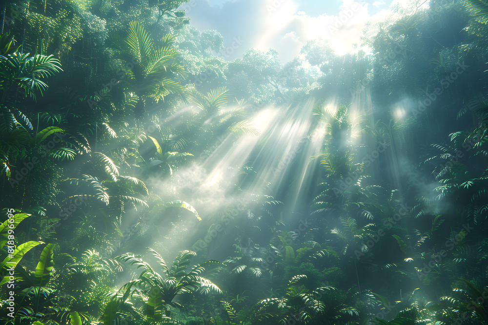 The forest is rich and green, with the beautiful light of the sun shining down after the rain. The forest is rich and green, with the beautiful light of the sun shining down after the rain.