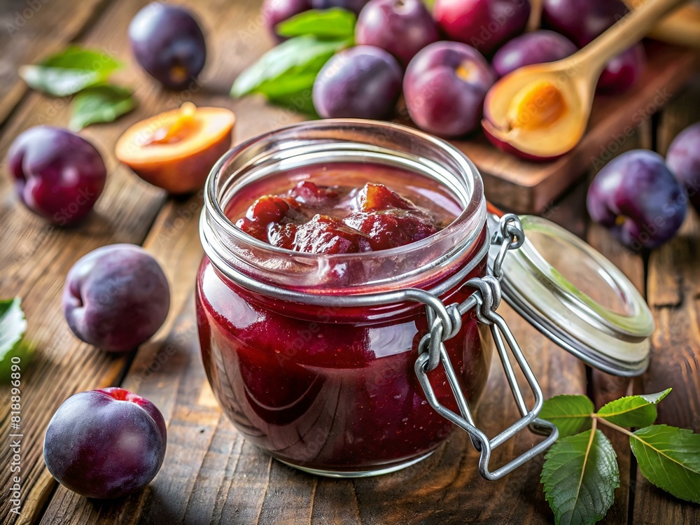 Jar of berry jam with plums. Delicious homemade preparations for the winter from an experienced housewife. The concept of healthy and tasty food. Jar of berry jam with plums. Delicious homemade preparations for the winter from an experienced housewife. The concept of healthy and tasty food.