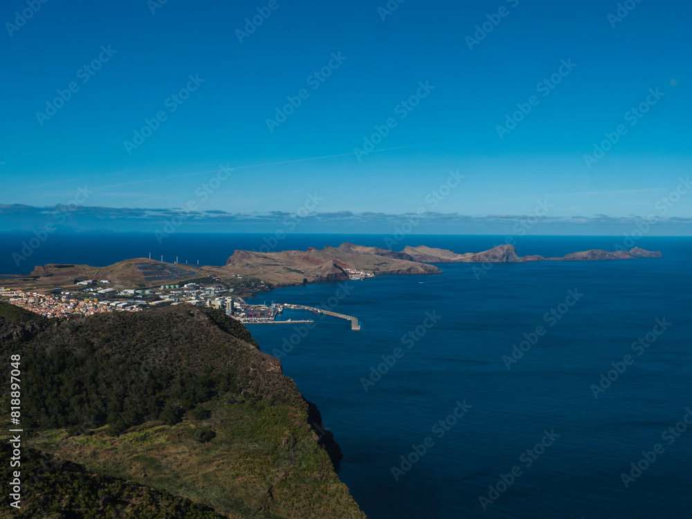 View of Ponta de Sao Lourenco and Island Ilheu da Cevada or Ilheu do Farol, the most easterly point on Madeira - seen from Pico do Facho Viewpoint, Madeira, Portugal