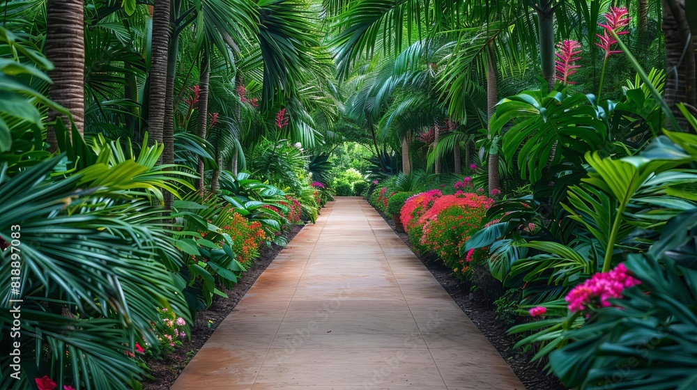 A botanical garden pathway lined with exotic flowers and lush green plants A botanical garden pathway lined with exotic flowers and lush green plants