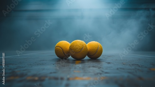 Tennis balls spread out on ground with copy space for sports equipment background concept