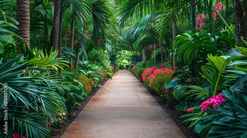 A botanical garden pathway lined with exotic flowers and lush green plants