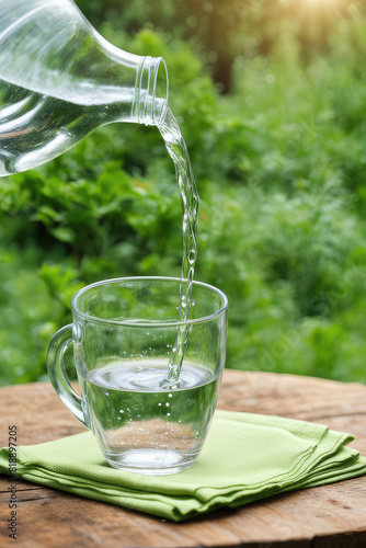 Clean drinking water is poured from a jug into a round glass cup on a wooden table and a light green napkin close-up macro on a green nature outdoors background 