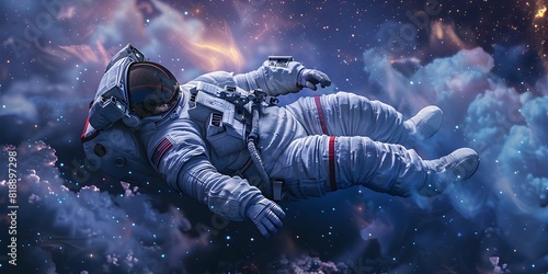 Sleeping Astronaut Floating in Zero Gravity Cosmos with Starry Background © Thares2020