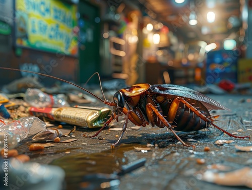 A closeup of a cockroach navigating through spilled garbage on a filthy kitchen floor