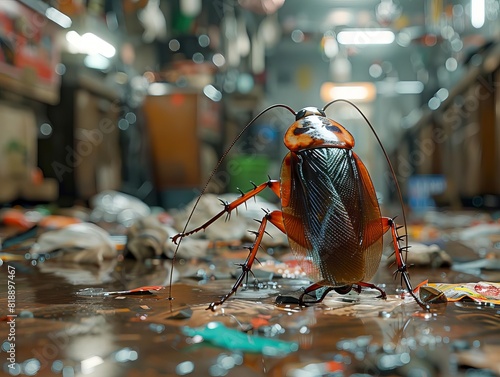 A closeup of a cockroach navigating through spilled garbage on a filthy kitchen floor