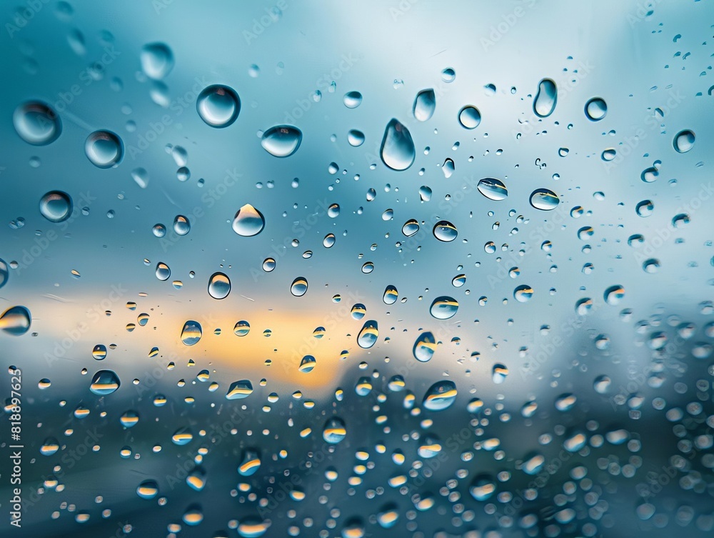 A closeup of raindrops on a smooth glass surface, reflecting the cloudy sky above A closeup of raindrops on a smooth glass surface, reflecting the cloudy sky above