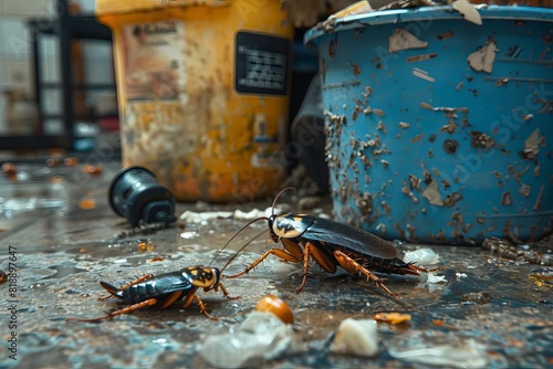 A cockroach crawling near an open trash can overflowing with kitchen waste and food scraps in a messy kitchen