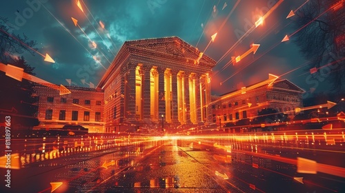 Illuminated Federal Reserve building at night with dynamic orange arrows indicating rising trends, symbolizing economic growth and financial progress.