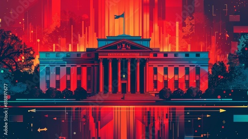 Abstract illustration of the Federal Reserve building with vibrant red and orange hues, featuring digital arrows and geometric patterns, symbolizing financial growth and economic dynamics. photo