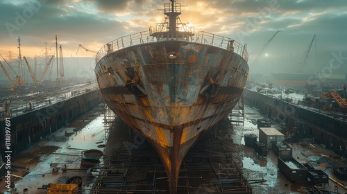 Massive ship under construction in a shipyard at sunrise, surrounded by cranes and industrial equipment, highlighting the scale and complexity of shipbuilding.
