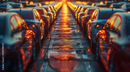 An electric car charges its batteries at a parking lot in a city mall with sunrise light. Alternative energy technology for sustainable and eco-friendly travel. Panorama expedient.