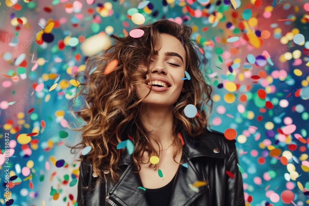 Celebration. Fashionable young woman in a leather jacket on the background of confetti Celebration. Fashionable young woman in a leather jacket on the background of confetti