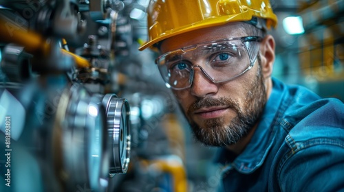 Wearing workwear and helmets, a factory engineer is operating a machine that uses gas and metal to produce composite materials.