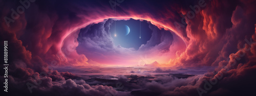 Dramatic Celestial Cloudscape with Crescent Moon and Falling Stars