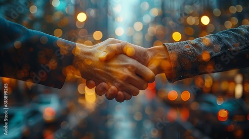 In this double exposure image of business people shaking hands, you can see the success of a partnership deal and the work agreement. Concept of corporate teamwork, trust, and common goals.