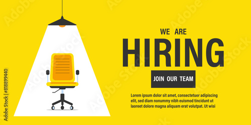 We're Hiring, Join Our Team Concept With Spotlight Focus To Vacant Office Chair On  yellow And White Background.